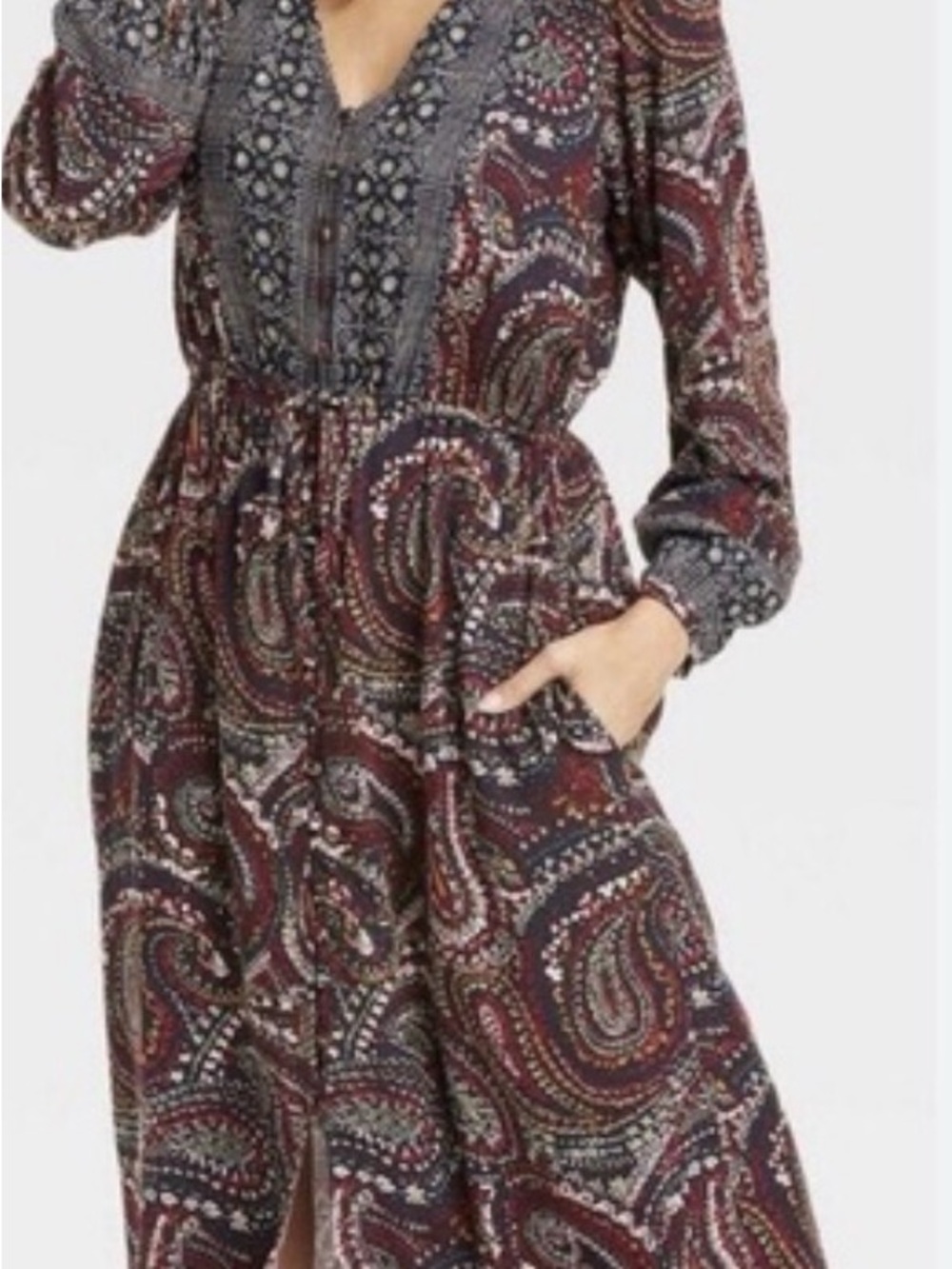 Knox Rose Small Long Sleeve Button Front Tie Waist Slit Front Paisley Dress